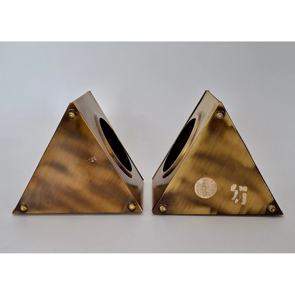 Vintage Copper Craft Solid Brass Triangular Candle Lanterns Votive Holders Pair